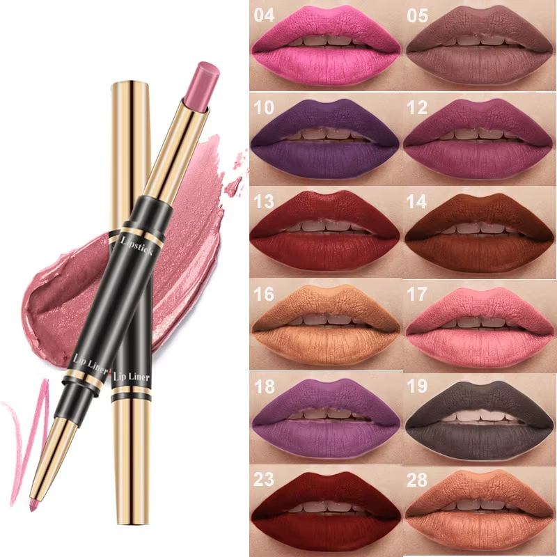 12 barev Matte Double Heads Waterproof Lipstick and Lip Liner 2v1 Lip Liner