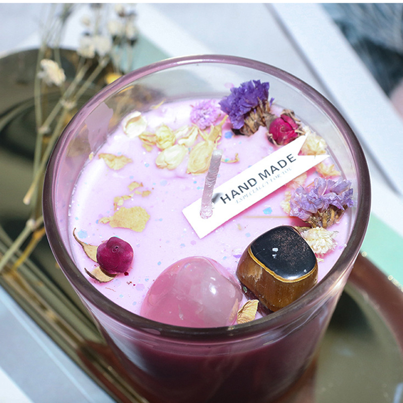 100g Home Decor Ručně vyráběný sójový vosk Aromaterapie Ekologická Vonná svíčka s vysokým křišťálovým kamenem se suchým květem na oslavy Dárek k narozeninám